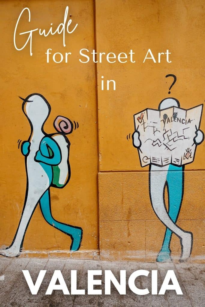 A Pinterest-style graphic promoting a "Guide for Street Art in Valencia" with simple cartoon characters painted on a yellow wall. One figure reads a map labeled "Valencia" while the other strolls by with a backpack, illustrating the theme of exploration.