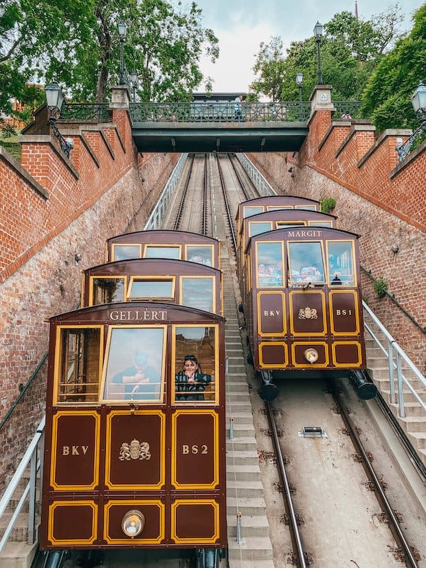 Two funiculars on a steep track up to Buda Castle in Budapest