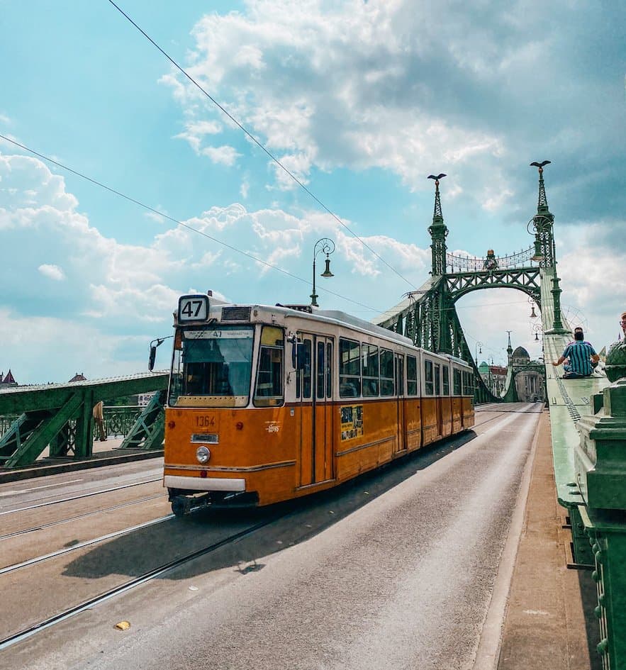 Tram going over the Liberty Bridge in Budapest