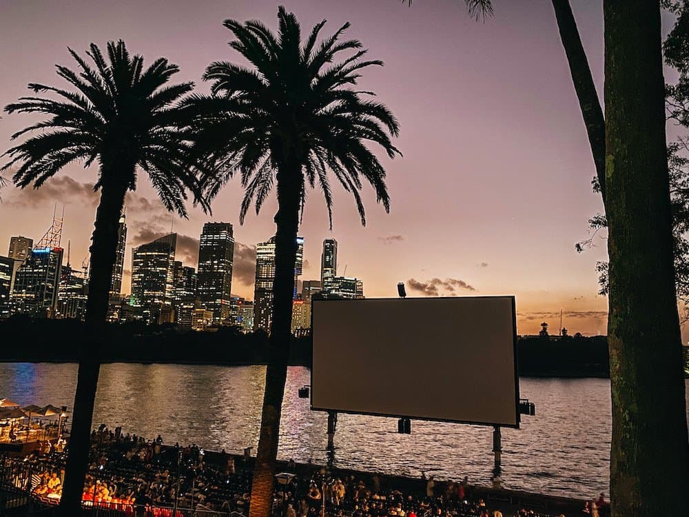 Movie screen next to palm trees, in the back you can see water and skyscrapers 