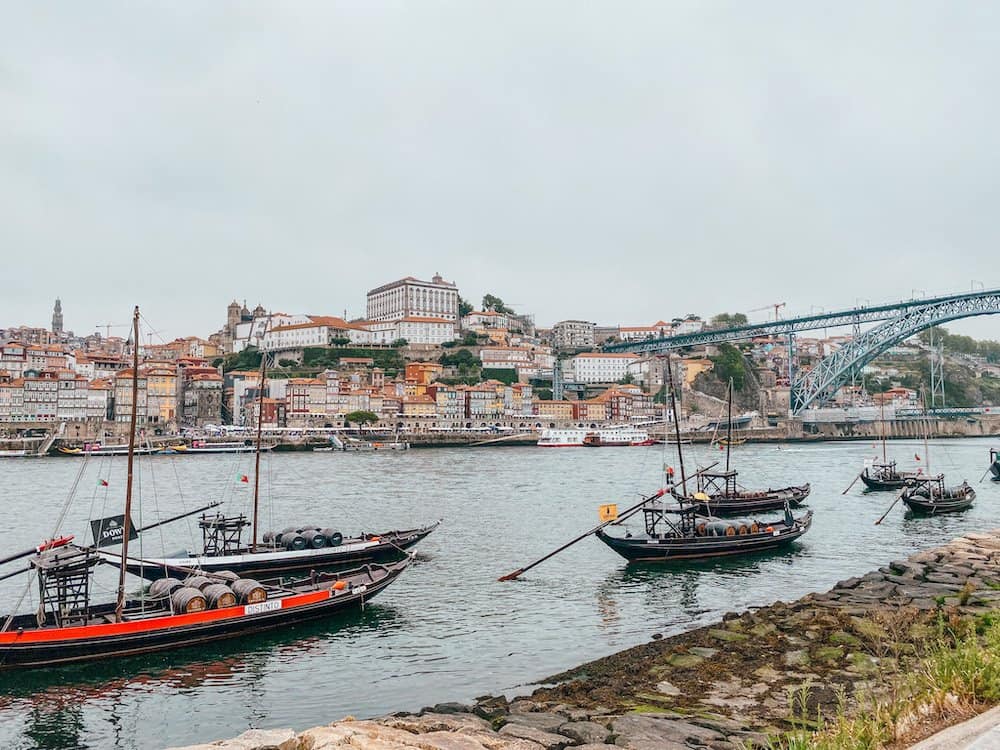 Boats with barrels on them on river Douro in Porto