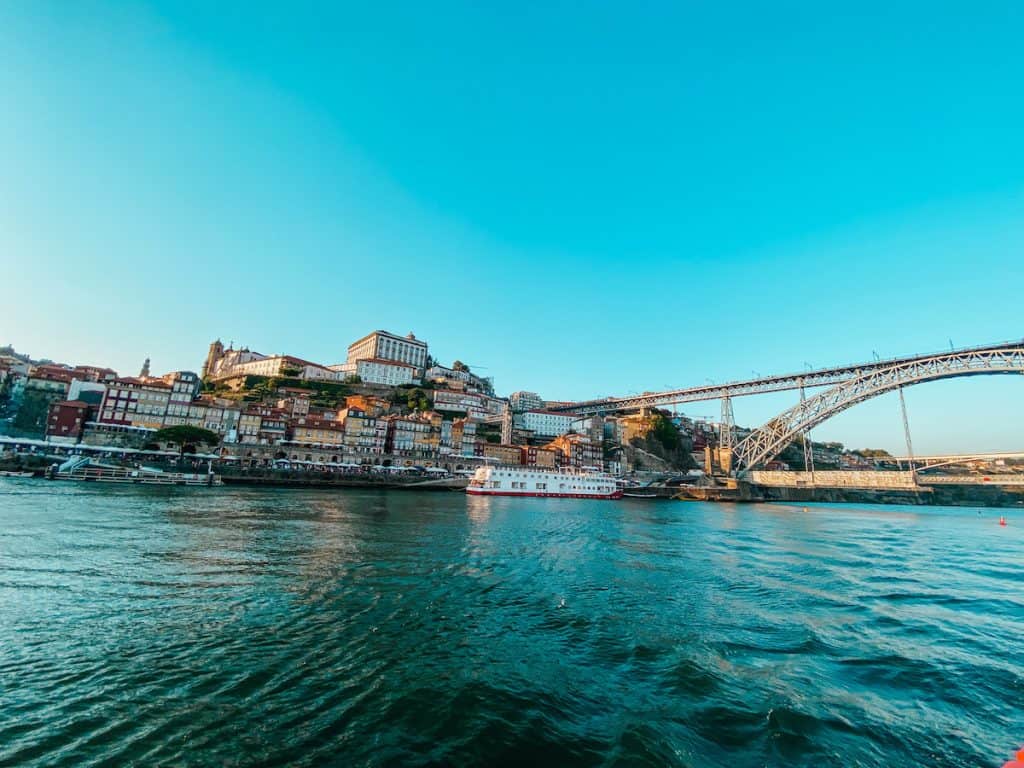 View of Douro River and Porto and a bridge over the river