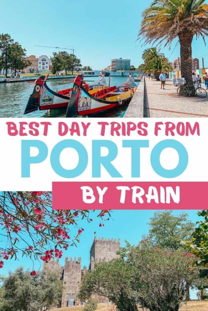 A pin about the best day trips from Porto by train, on one picture you see a boat on the water and on another one you see a castle behind bushes