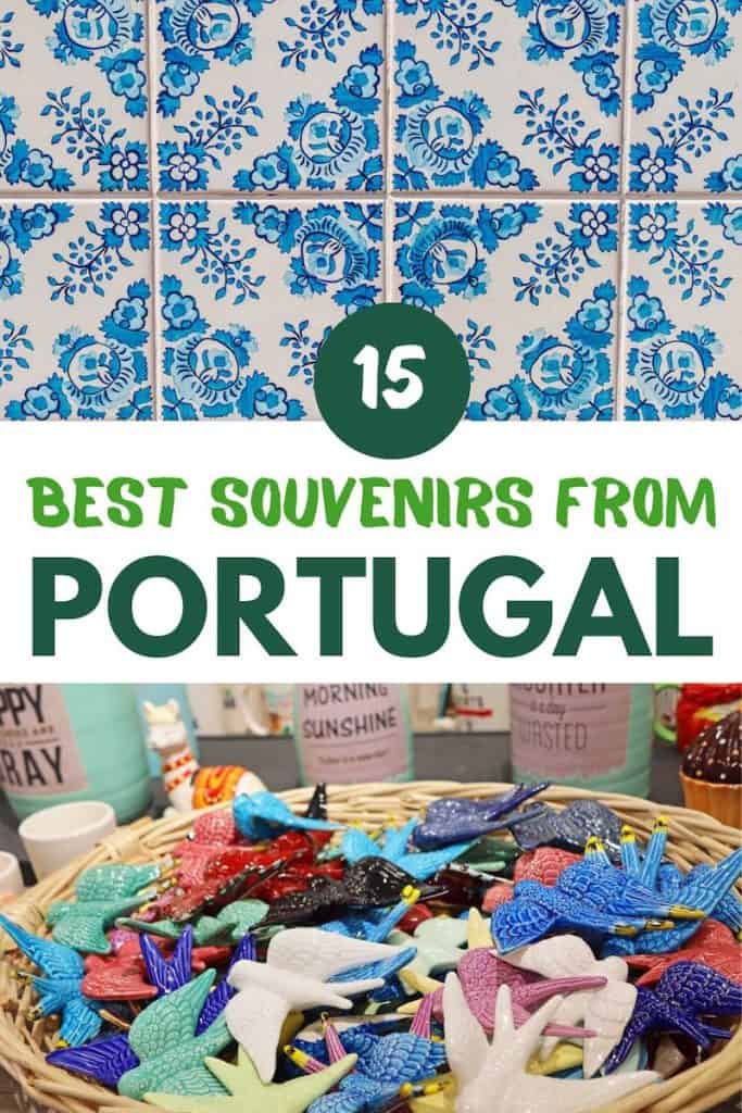 A picture of blue tiles and another picture of ceramic swallows in different colours; text in the middle of the two pictures says "15 best souvenirs from Portugal"