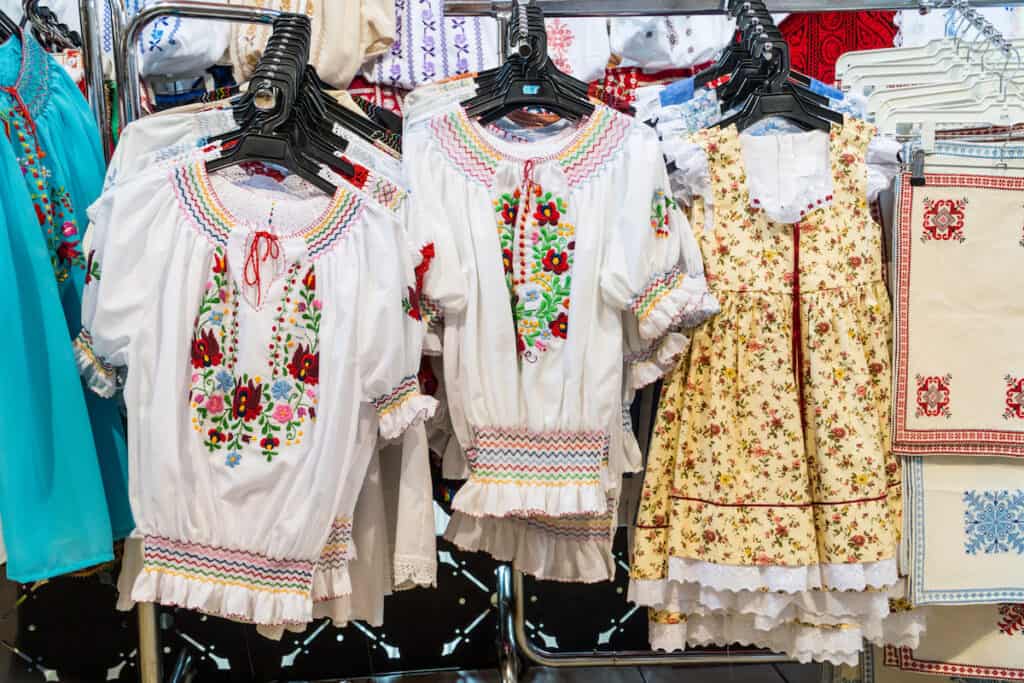 Traditional hangarian embroidery shirts sold on a Central Market Hall