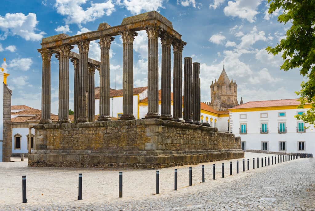 The remains of a Roman Temple in Evora, one of the best day trips from Lisbon