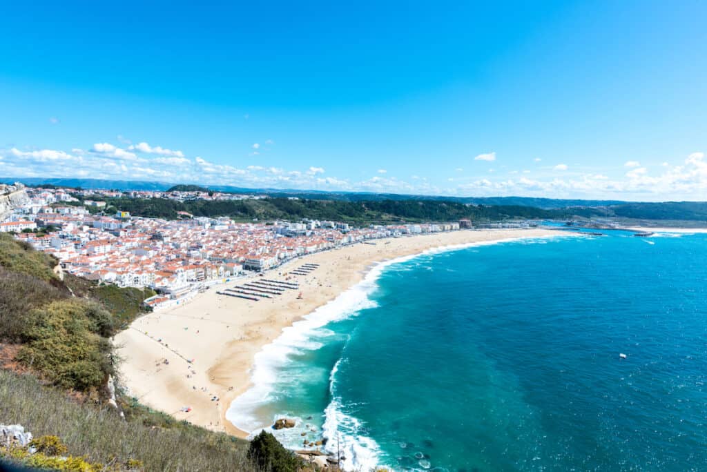 An areal view of a small beach town in Portugal