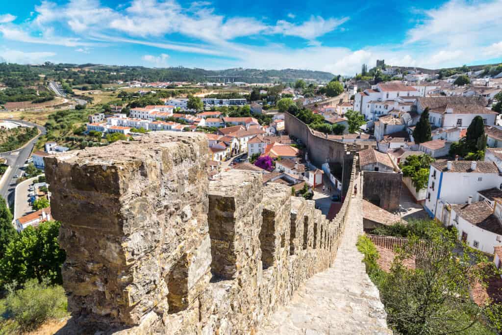 View from the city walls in Obidos toward the town