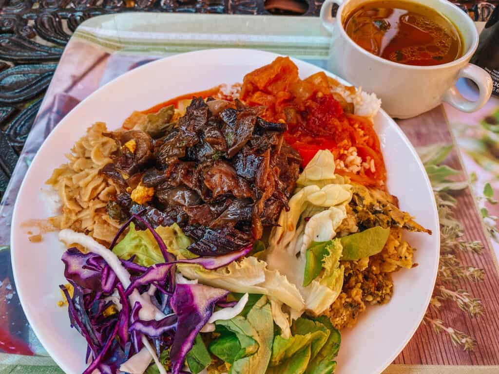 A well-composed plate of various vegan foods featuring a dark mushroom topping over noodles, a vibrant mix of fresh salad greens, and a side of savory soup, all displayed on a floral tablecloth with intricate patterns.