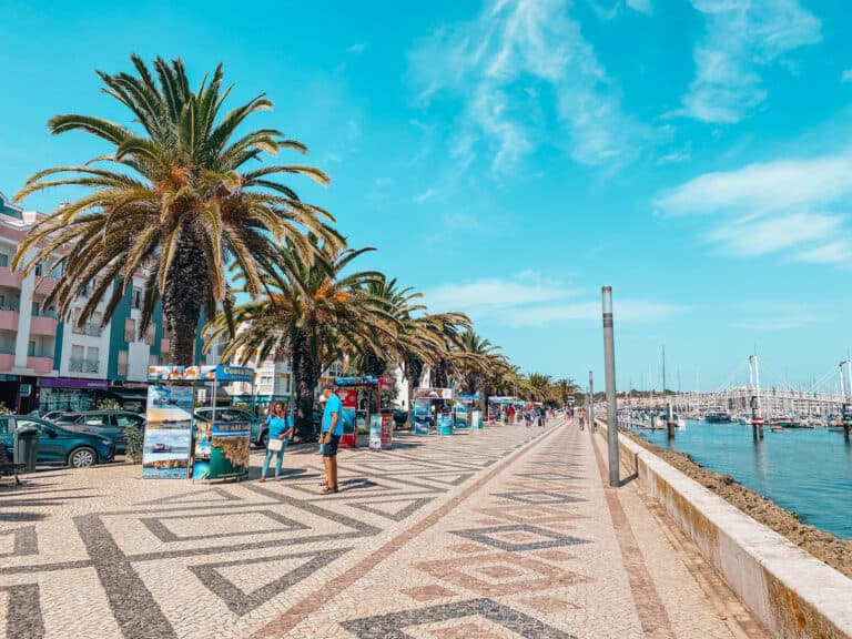 Scenic view of a bustling promenade in Lagos, Portugal, lined with majestic palm trees, local tourist shops, and pedestrians enjoying the sunny day with the marina full of boats in the background, suggesting popular activities and sightseeing spots in Lagos.