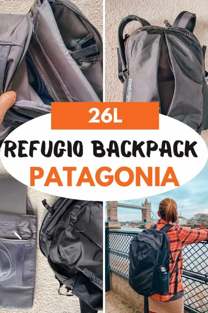 Collage for Patagonia Refugio 26L backpack review featuring multiple views: interior compartments, worn on a person overlooking Tower Bridge, and the bag's exterior, with bold text '26L REFUGIO BACKPACK PATAGONIA' for an engaging visual summary.