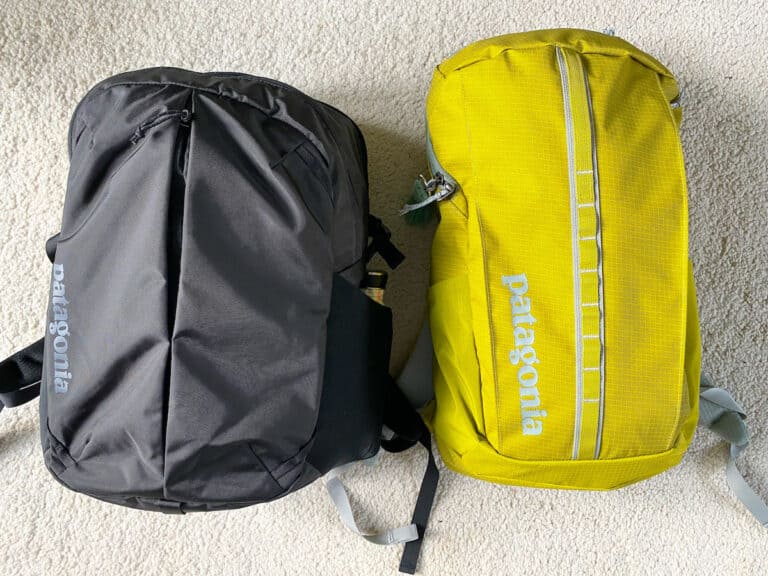 Comparison of Patagonia Refugio vs Black Hole backpacks, with the Refugio in black on the left and the Black Hole in bright yellow on the right, both featuring the distinct Patagonia logo.