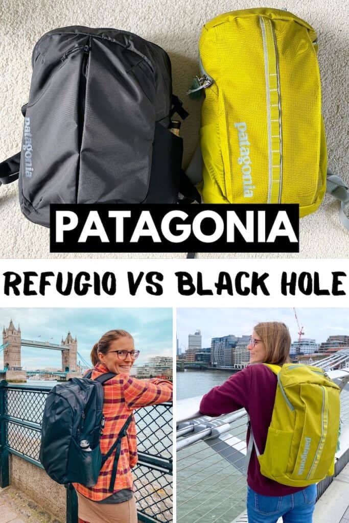 Collage contrasting Patagonia Refugio vs Black Hole backpacks, with top images showing the backpacks in black and yellow and the text 'PATAGONIA REFUGIO VS BLACK HOLE'. Below, a person is pictured twice, once with the black Refugio on a bridge with the Tower Bridge in the background, and again with the yellow Black Hole, hinting at the backpacks' versatility for urban adventures.