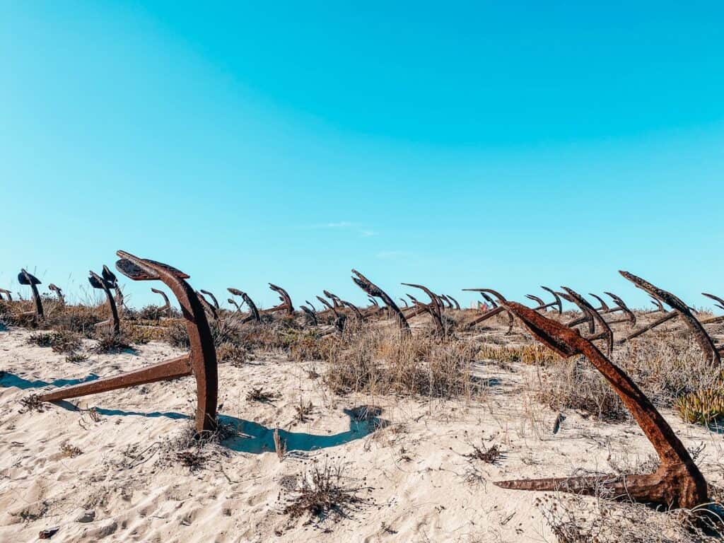 Visiting the iconic Anchor Cemetery on the dunes of Praia do Barril, where a collection of rusted anchors memorialize Tavira's tuna fishing past, is among the unique things to do in Tavira.