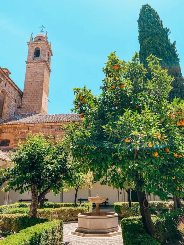 Beautiful courtyard with a central fountain and lush greenery, and a church tower in the back.