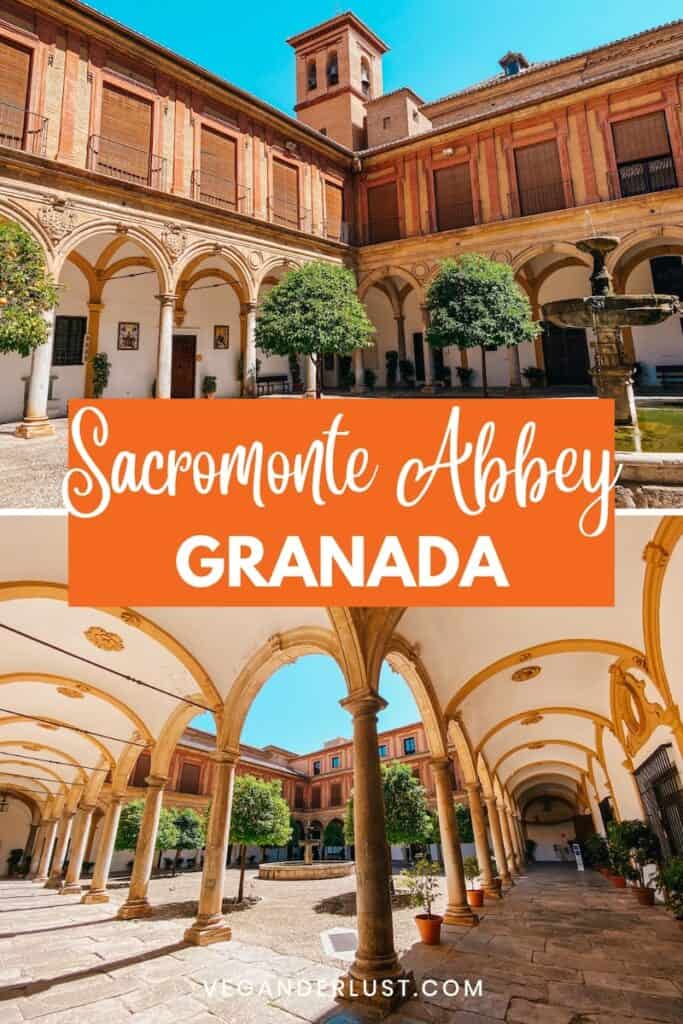 A promotional picture for Sacromonte Abbey with two pictures of the abbey's cloisters