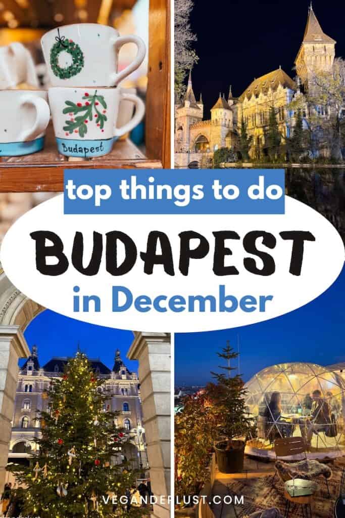 A collage showcasing top things to do in Budapest in December, featuring festive highlights: hand-painted ceramic mugs with Christmas designs, the illuminated Vajdahunyad Castle at night, a grand Christmas tree in front of a historic building, and a rooftop scene with igloo-style domes surrounded by decorated trees. Text overlay reads 'Top things to do Budapest in December' with the website veganderlust.com.