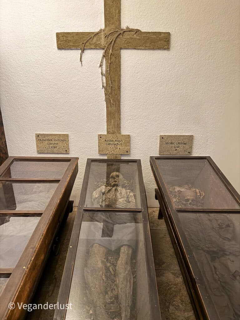 Glass-topped coffins display well-preserved mummies beneath a simple wooden cross on a white wall, with name plaques for Františka Antonie Grimma, Marie Anna Grimmová, and Mořic Grimm.