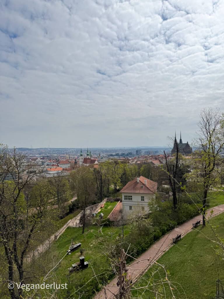 A scenic cityscape from the Špilberk Castle viewpoint shows lush greenery, winding paths, and rooftops leading to the iconic spires of the Cathedral of St. Peter and Paul in the distance.