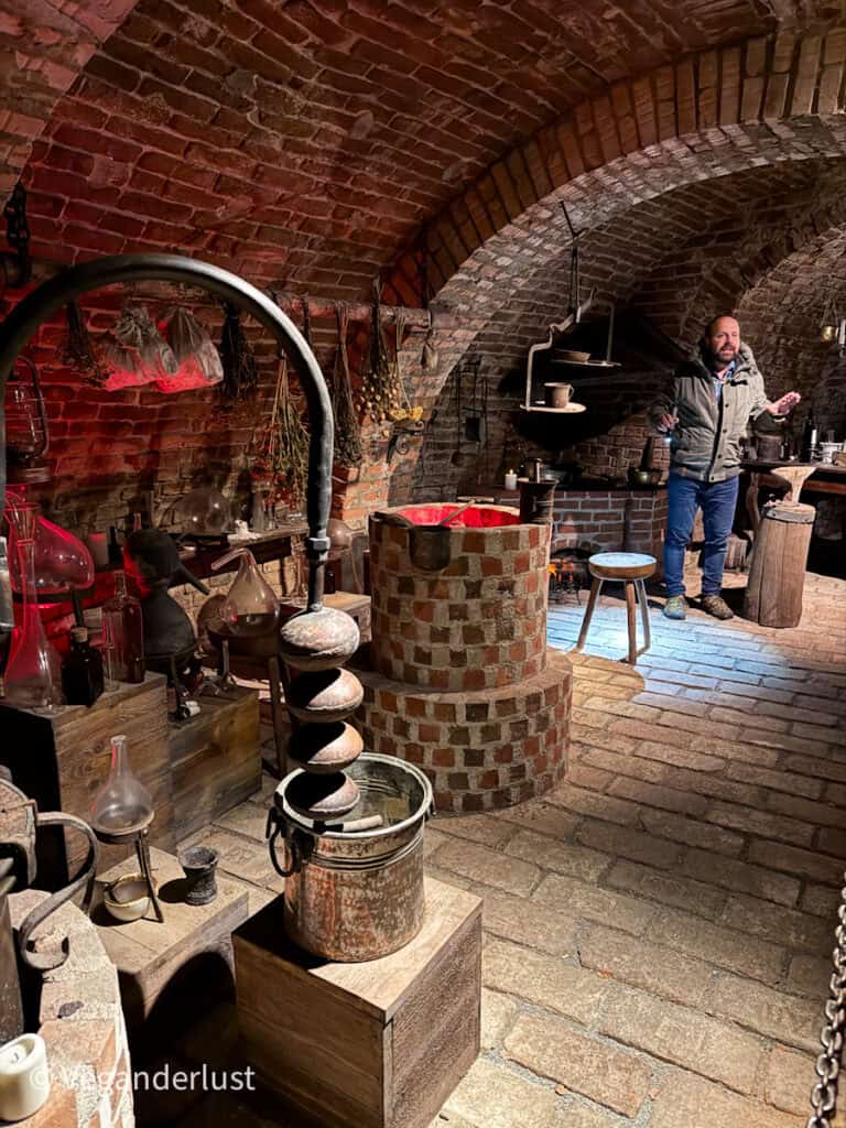 A rustic alchemy or apothecary room with drying herbs, red lighting, and antique laboratory equipment, as a man gives a guided tour in a vaulted brick chamber.