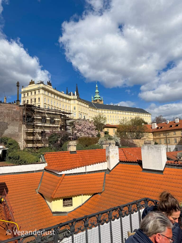 Rooftop terrace view from Vegans Restaurant in Prague, showcasing terracotta rooftops and the cream-colored façade of a historic building under a bright blue sky with puffy clouds.