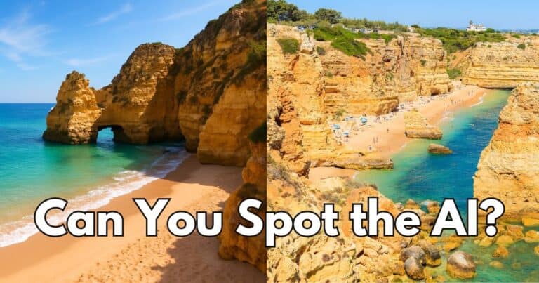 Side-by-side images of two sunny beach scenes with golden cliffs and turquoise water. The left side shows a secluded beach with a rock arch and no people, while the right side shows a more crowded beach with umbrellas, swimmers, and dramatic cliffs. Large bold text across the bottom reads, “Can You Spot the AI?”