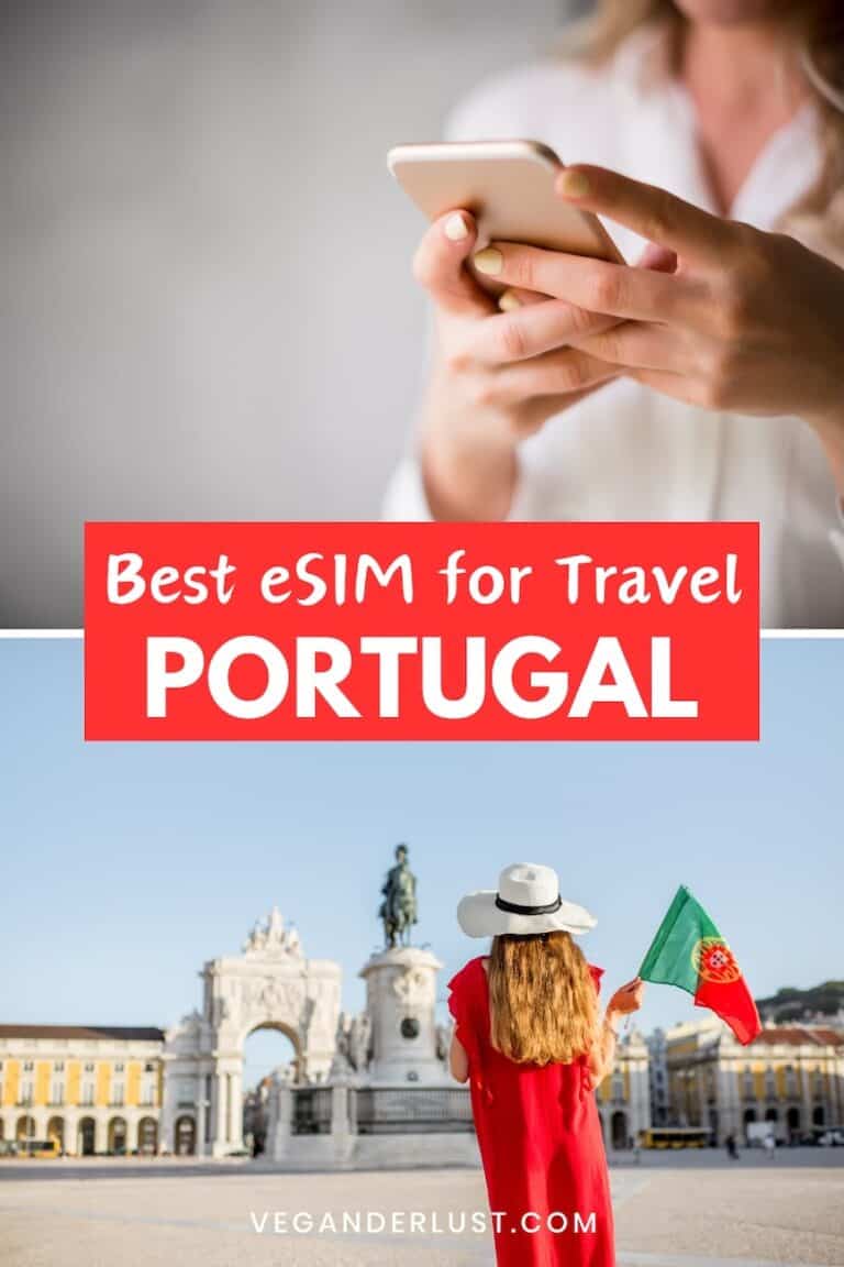 Split image promoting the best eSIM for travel in Portugal. The top half shows a woman in a white shirt using a smartphone. The bottom half features a woman in a red dress and sunhat holding a Portuguese flag while facing the Arco da Rua Augusta in Lisbon. Text overlay reads “Best eSIM for Travel PORTUGAL.”