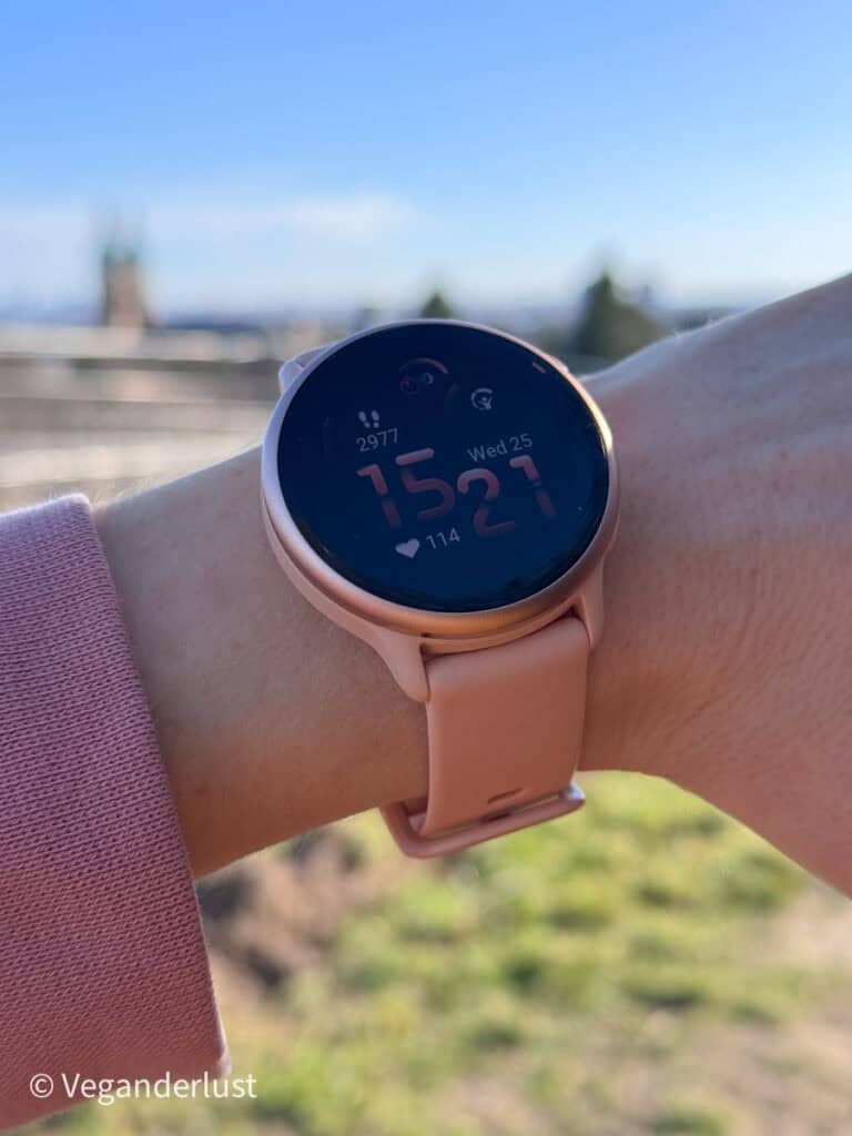 A person wearing a pink smartwatch with a silicone band holds up their wrist outdoors on a sunny day. The watch display shows the time 15:21, date Wednesday 25, 2,977 steps, and a heart rate of 114 bpm. The background is softly blurred, revealing green grass and distant buildings under a clear blue sky.