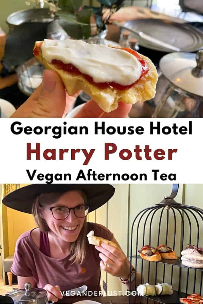 A hand holds a scone topped with strawberry jam and thick cream in front of a tiered afternoon tea stand. Text on the image reads Georgian House Hotel Harry Potter Vegan Afternoon Tea and a woman in a witch hat smiles while enjoying the themed vegan afternoon tea spread.