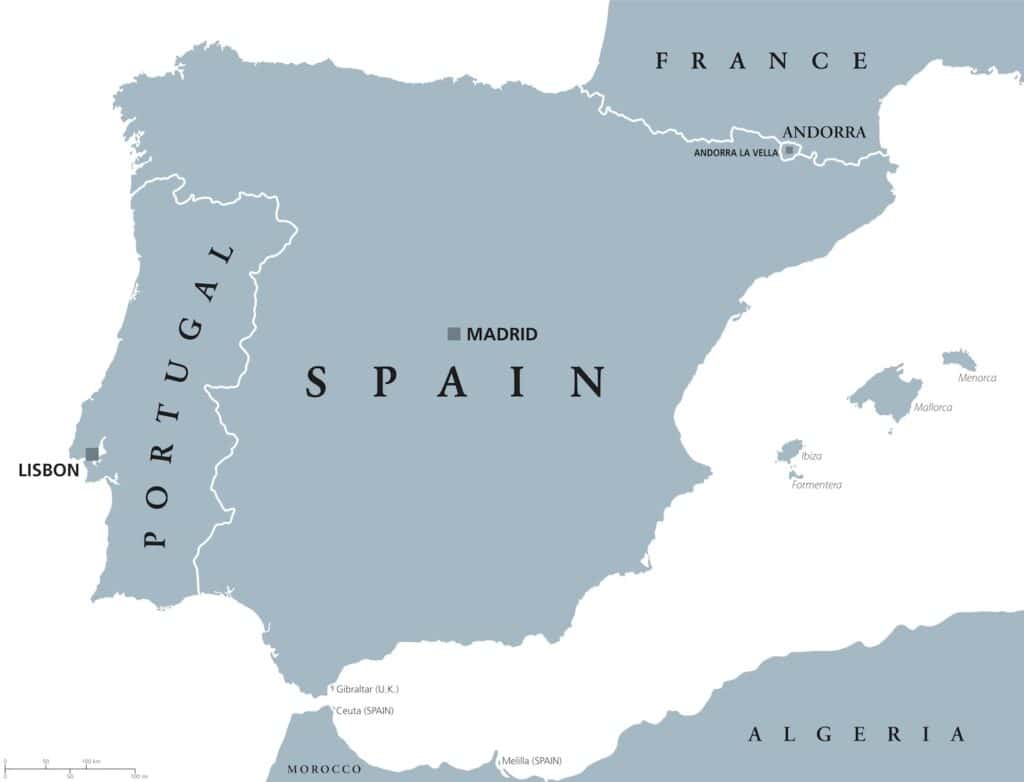 Map of Spain and Portugal on the Iberian Peninsula labeled with major locations including Madrid and Lisbon. Surrounding countries France and Andorra appear to the north and Algeria and Morocco to the south across the Mediterranean Sea. The map also marks the Balearic Islands such as Mallorca Menorca and Ibiza off the eastern coast of Spain.
