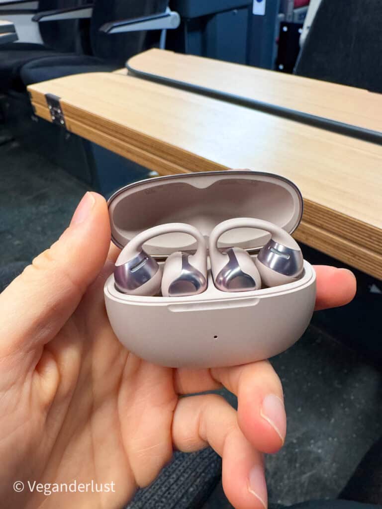 Hand holding an open wireless earbud charging case on a train seat. The earbuds rest inside the gray case with the lid flipped up showing the curved hooks and metallic accents. The background shows wooden tray tables and dark train seats to suggest travel.