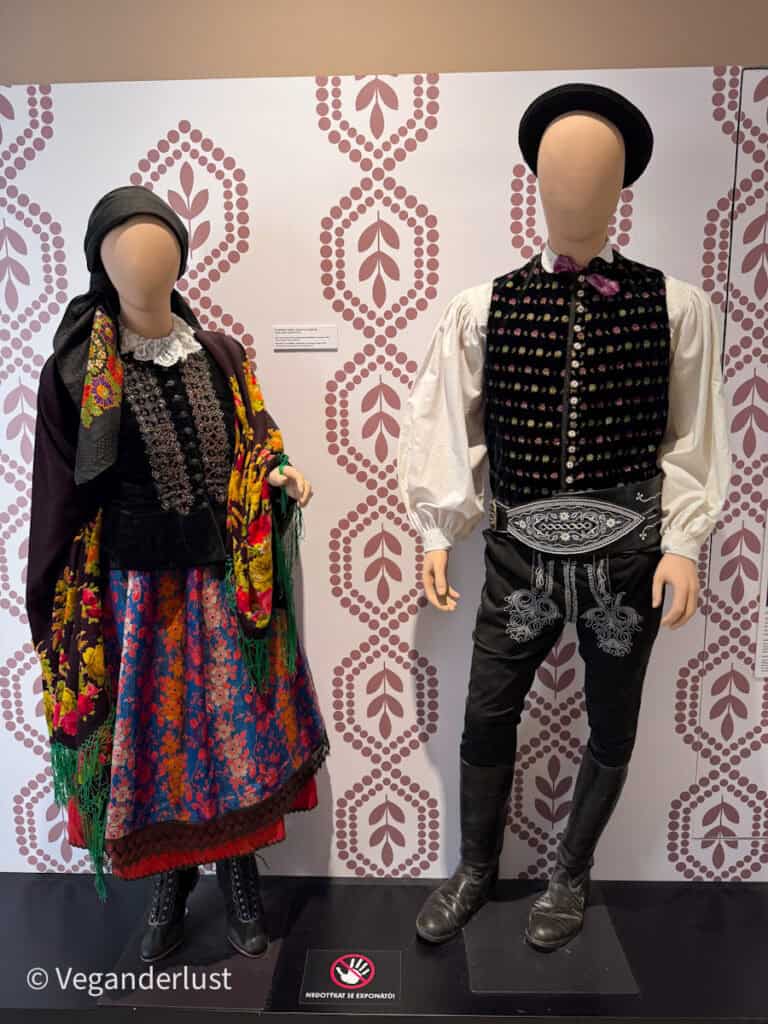 Museum display with mannequins wearing traditional Czech folk clothing including embroidered vest leather trousers and a colorful floral skirt with shawl. The exhibit highlights regional cultural heritage that visitors can see while exploring things to do in České Budějovice.