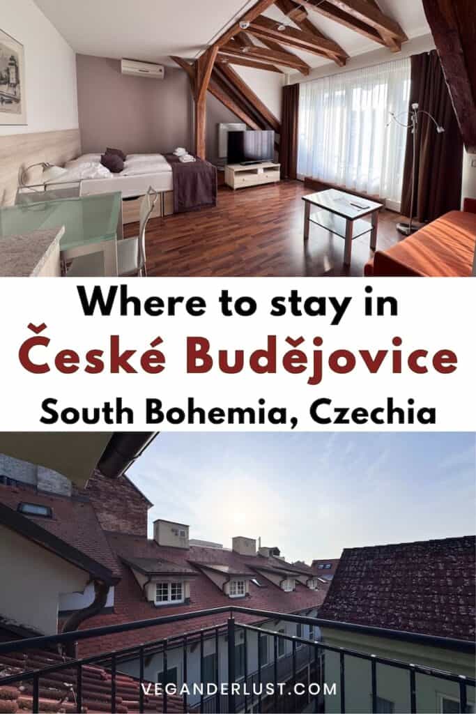 Travel graphic showing a modern attic style apartment with exposed wooden beams and a balcony view over red tiled rooftops. Text on the graphic reads "Where to stay in České Budějovice South Bohemia Czechia VEGANDERLUST.COM".