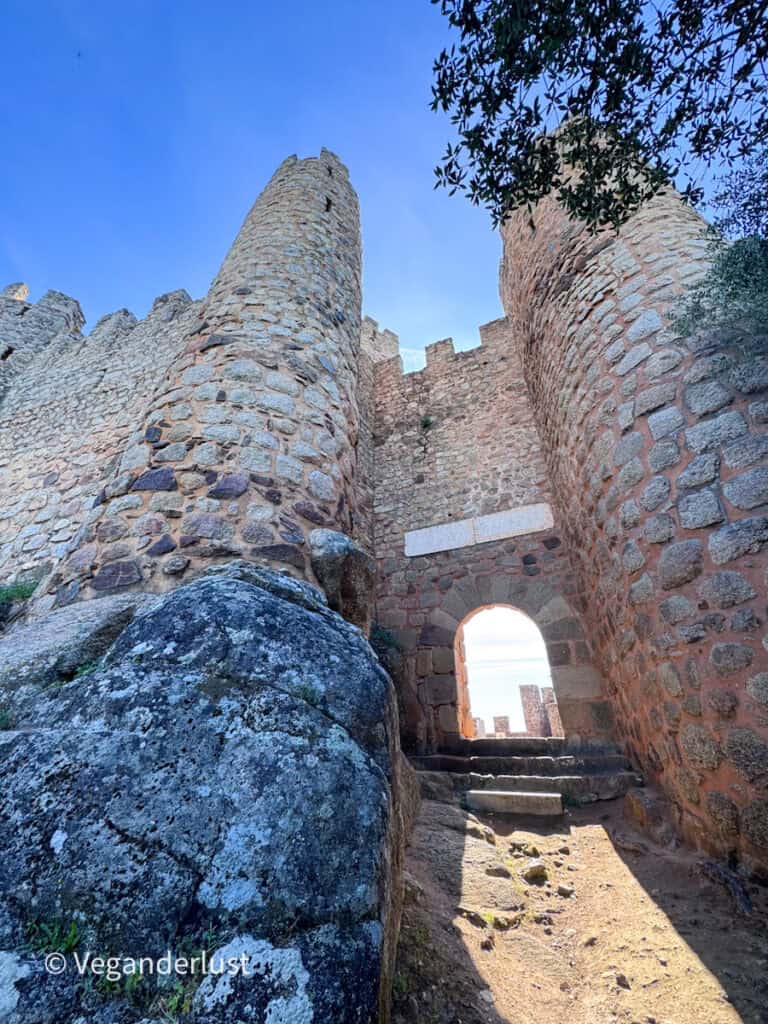 Low angle view of tall stone castle towers and an arched entrance built into thick walls. Sunlight highlights the rough texture of the stones against a clear blue sky.