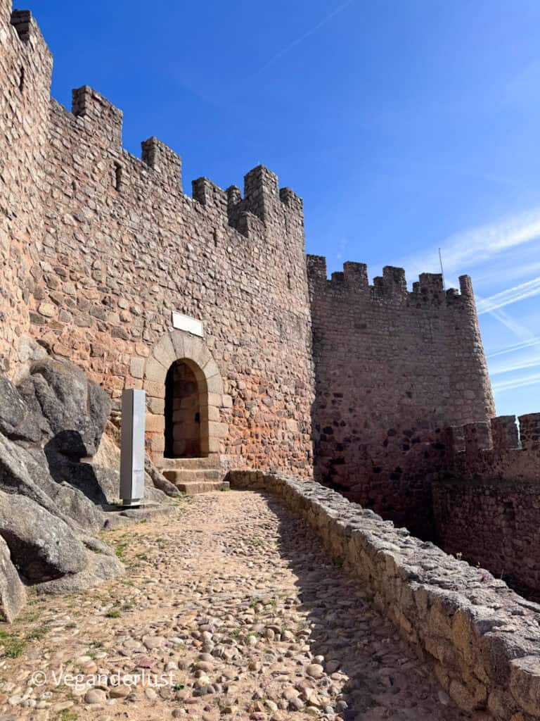 Cobblestone path along the top of castle walls leading to an arched doorway set into the stone. The crenelated walls rise on either side under bright sunlight.