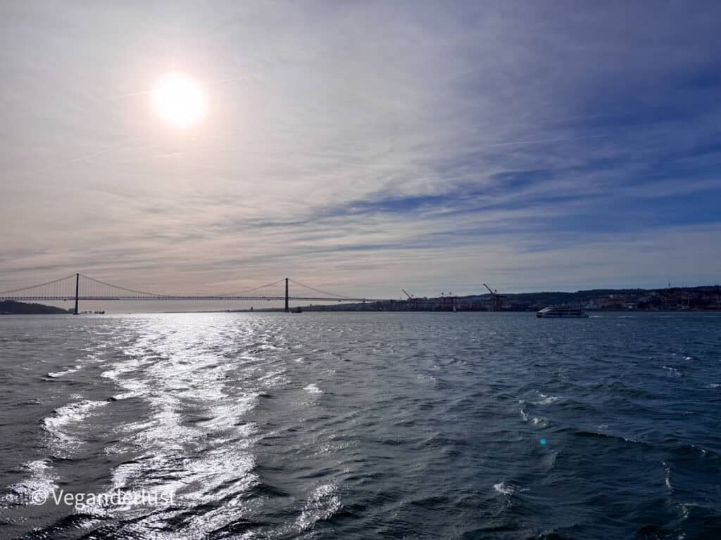 Sunlight reflects across rippling water with a long suspension bridge stretching across the horizon and a boat moving along the river.