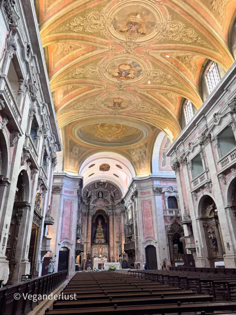 Interior of a grand church with a high vaulted ceiling decorated with ornate frescoes and gold detailing, leading down to an altar at the far end. Rows of wooden pews fill the space while tall columns and arches line both sides.
