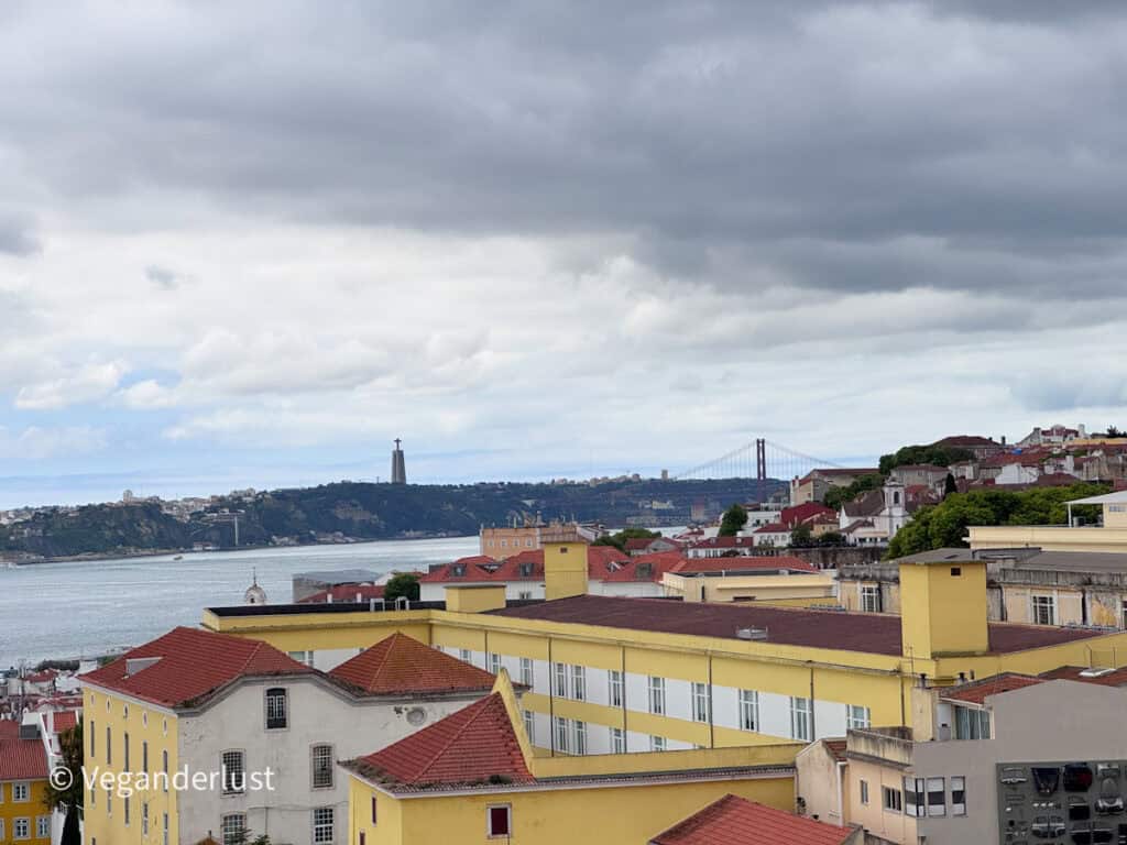 View over yellow and red buildings toward a river and suspension bridge under a cloudy sky.