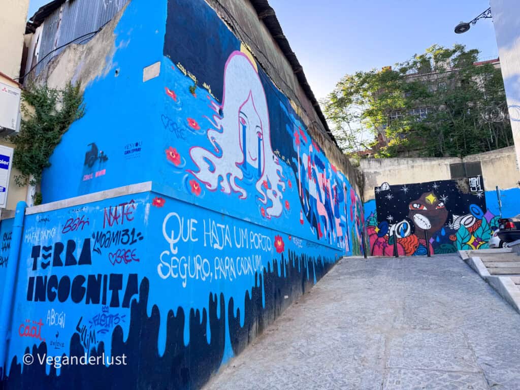 Long blue mural along a sloped street featuring a stylized figure and the text "QUE HAJA UM PORTO SEGURO PARA CADA UM". Graffiti tags and bright colors line this Lisbon street art corridor.