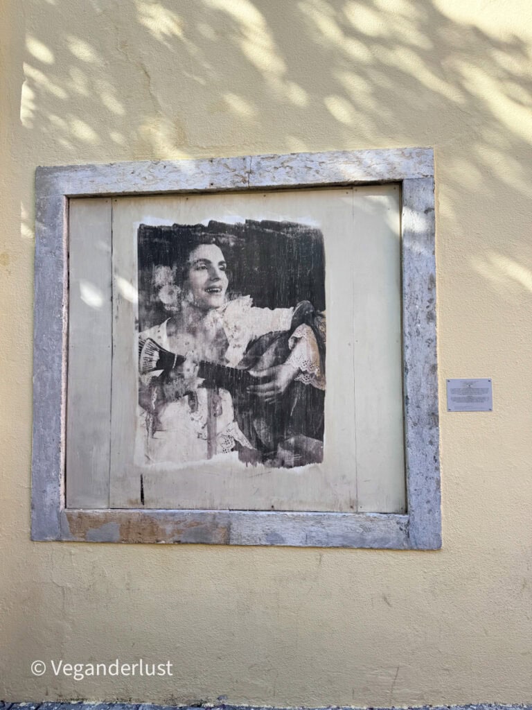 Black and white portrait of a woman playing a guitar displayed within a framed panel on a pale yellow wall. A small plaque sits beside the artwork adding context to this Lisbon street piece.