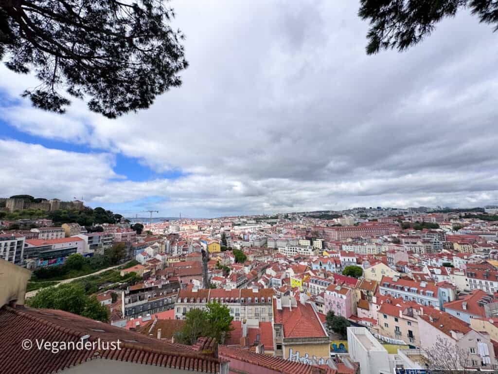 Wide panoramic view of Lisbon’s dense cityscape with red rooftops, pastel buildings, and a castle on a hill to the left. The sky is overcast with patches of blue, creating a dramatic backdrop over the city.