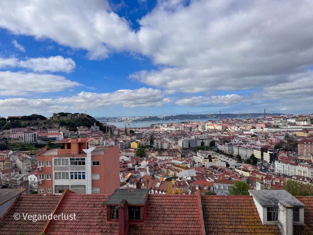 Panoramic view of Lisbon with red tiled rooftops stretching across the city toward the river and a suspension bridge in the distance. A castle sits on a hill to the left under a sky filled with large white clouds.