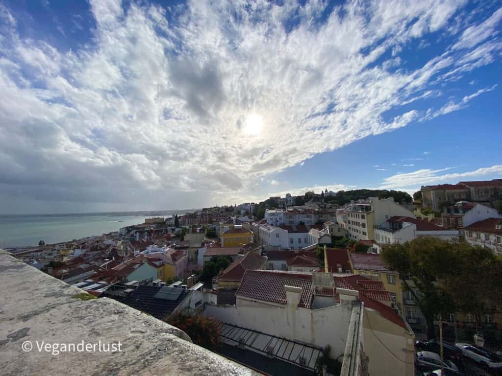 Elevated view over Lisbon’s rooftops with the river stretching along the left side, as sunlight breaks through dramatic clouds in a wide blue sky. The layered buildings and hillside create depth across the cityscape.