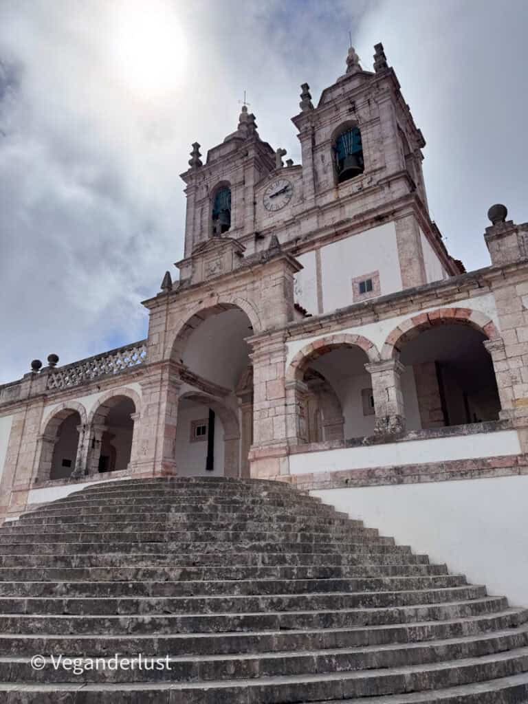 Large historic church with twin bell towers and a clock above an arched entrance. Wide stone steps lead up to the building under a cloudy sky.