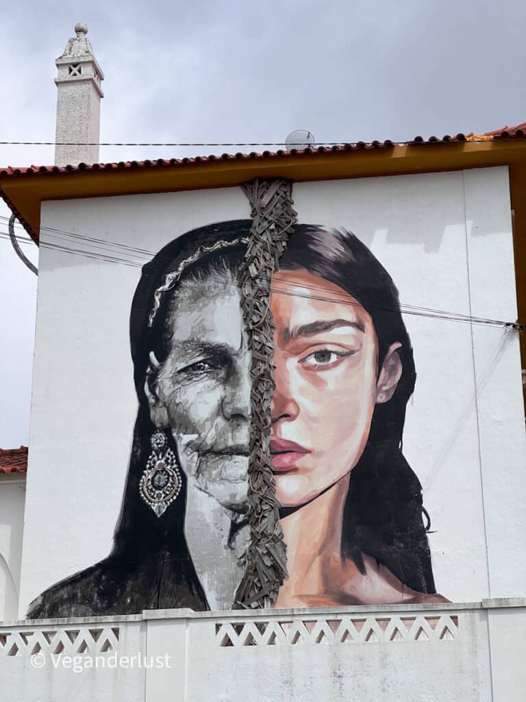 Large mural painted on the side of a white building showing two halves of a woman’s face. One side appears aged and monochrome while the other side is younger and in color with a textured divide between them.