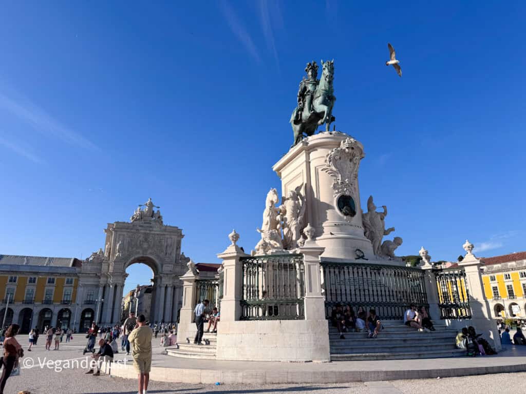 Large equestrian statue stands in the center of a grand square with an ornate arch visible behind it and people gathered around the base. A bird flies overhead against a clear blue sky, adding movement to the historic scene.
