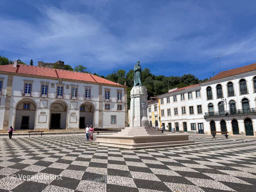 Open town square with a black and white patterned stone floor and a central statue on a pedestal. Historic buildings with tiled roofs surround the square and a few people walk nearby.