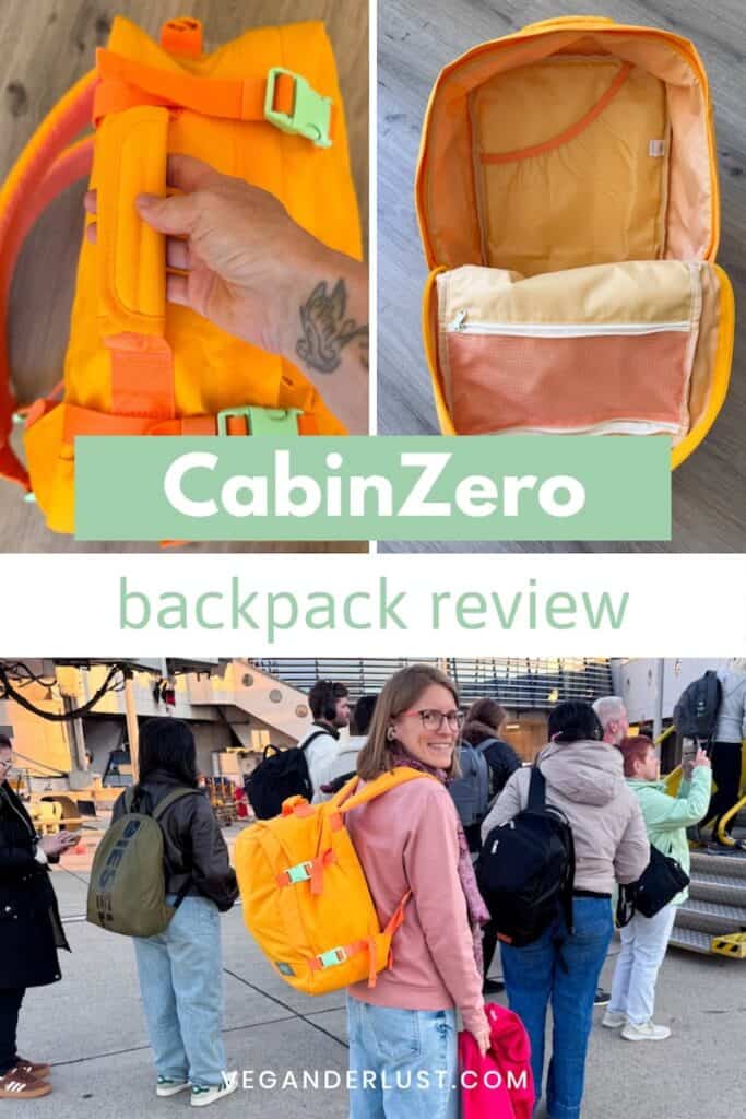 Collage featuring a bright yellow CabinZero backpack with close up photos showing the padded grab handle and open interior compartments. Below the text “CabinZero backpack review,” a woman smiles while wearing the backpack in an airport boarding line surrounded by other travelers carrying backpacks and hand luggage.