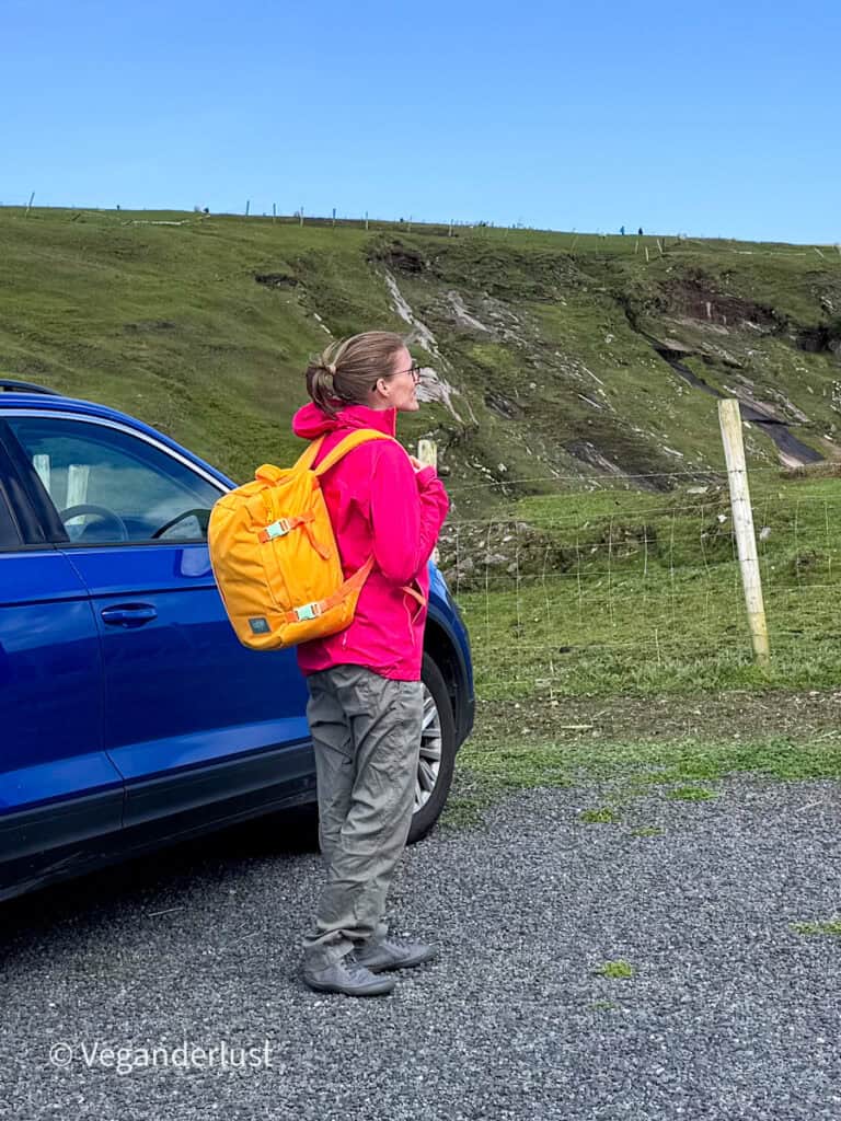 Tina in a bright pink jacket standing beside a blue car with a yellow backpack on her shoulders in a grassy countryside landscape. Rolling green hills and rocky slopes stretch across the background under a clear blue sky.