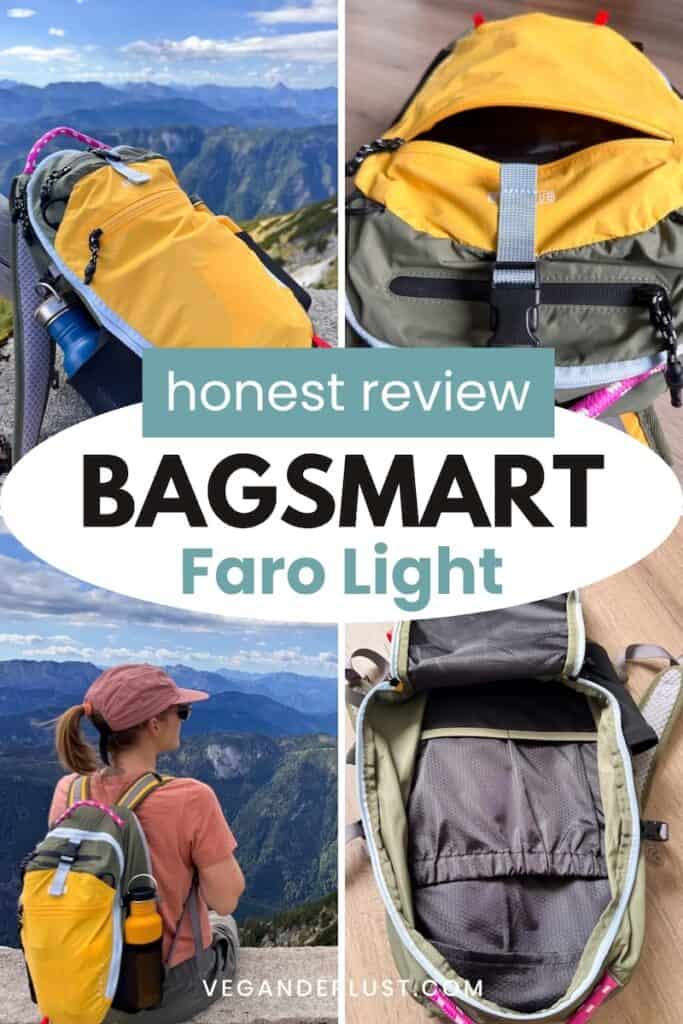Collage showing a yellow and green hiking backpack outdoors in the mountains. Being worn by a hiker. And opened to show its compartments. Text reads "honest review BAGSMART Faro Light VEGANDERLUST.COM."